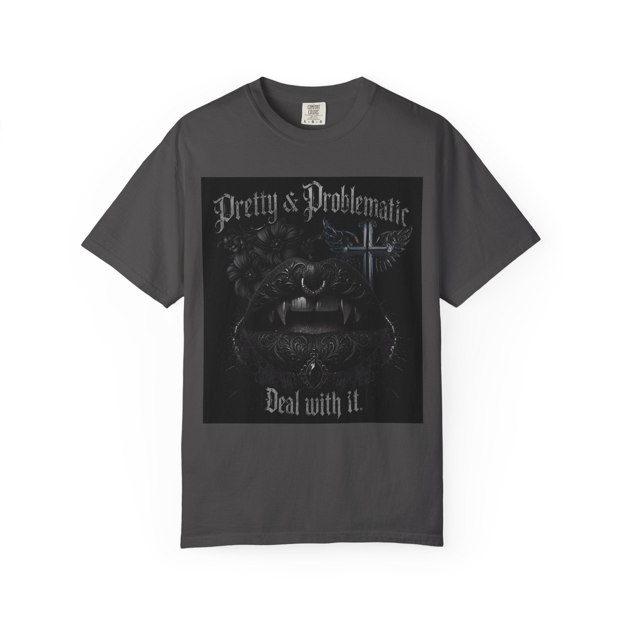 Pretty & Problematic Graphic T‑Shirt — 'Deal With It' Gothic Lips and Fangs Design. Midnight Eye, LLC