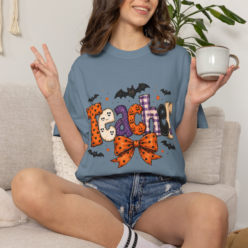 Teacher Halloween T-Shirt — Cute Spooky 'Teacher' Design with Bats & Bow