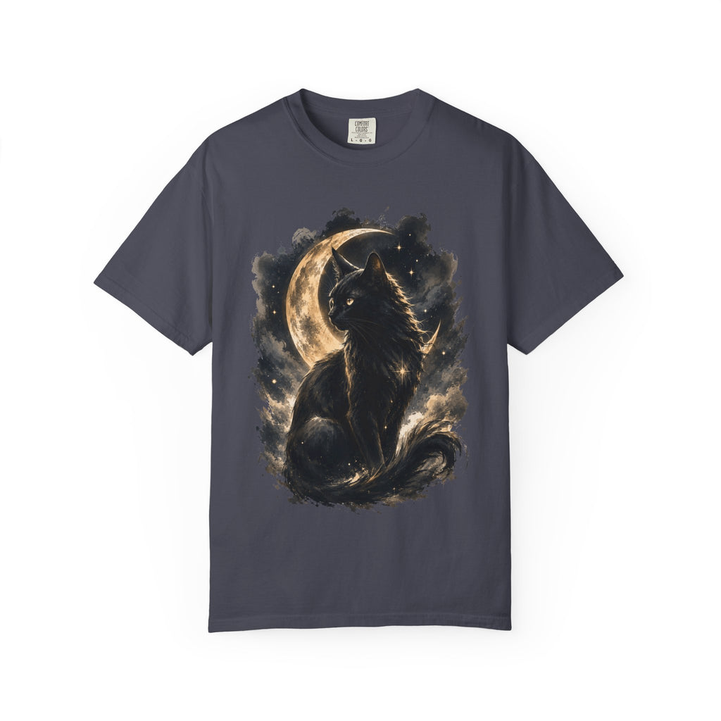 Black Cat Mystical Moon Graphic T-Shirt - Gothic Black Roses Tee