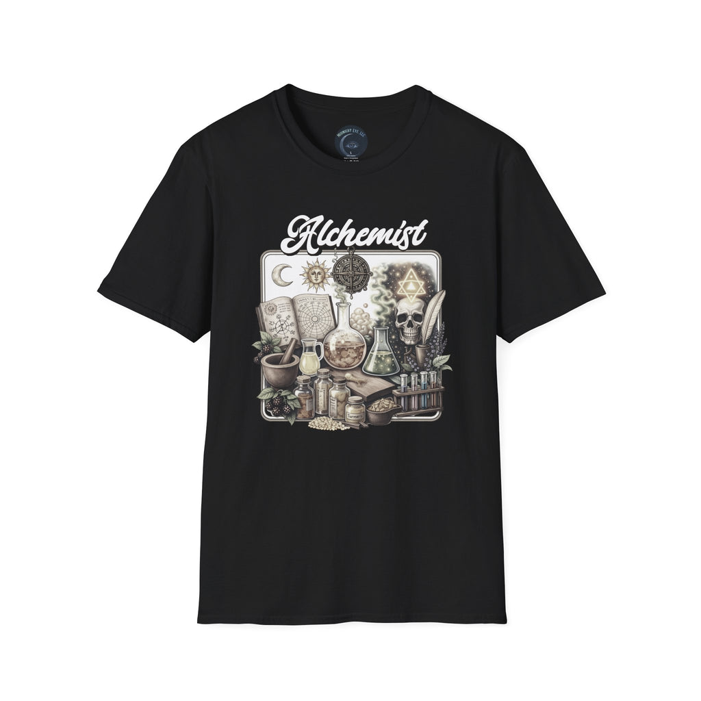 Alchemist Graphic T-Shirt — Vintage Apothecary Potion & Skull Design - Mystical Tee - Midnight Eye, LLC