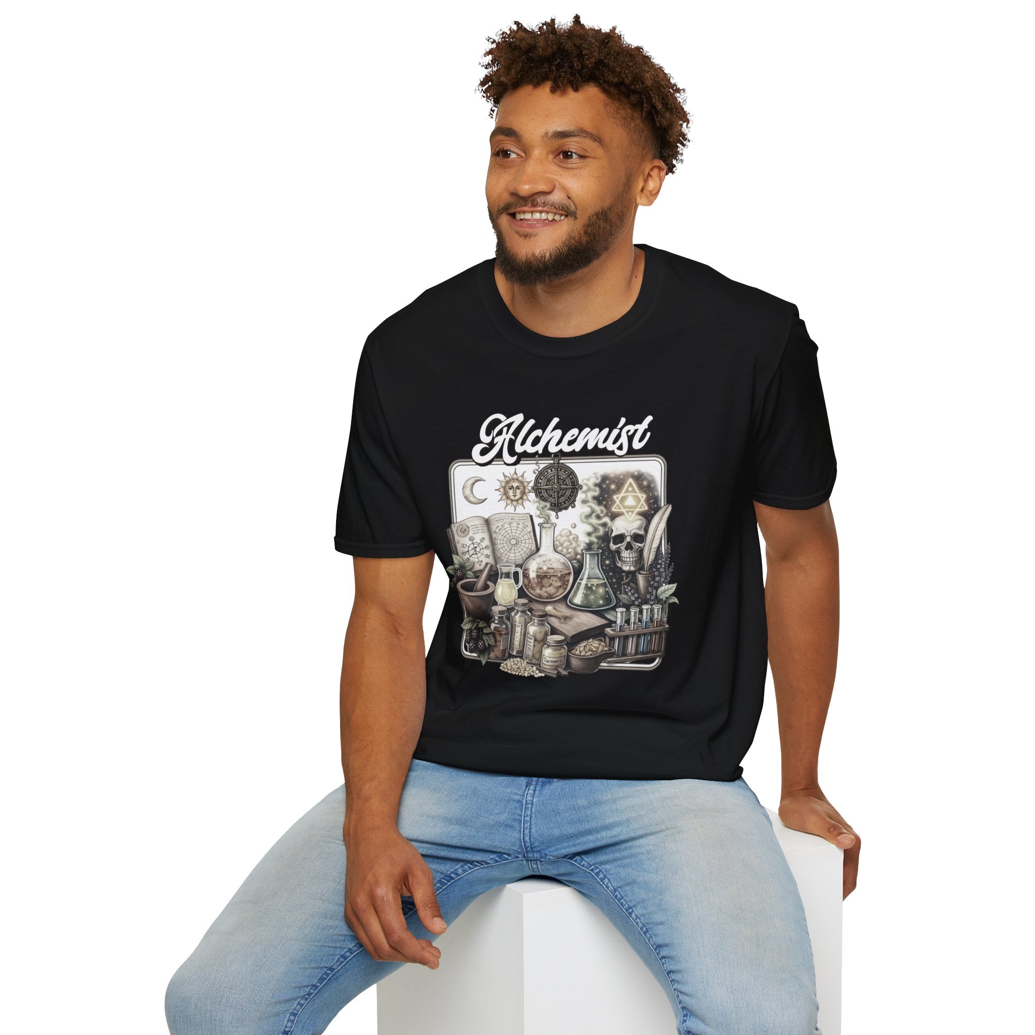 Alchemist Graphic T-Shirt — Vintage Apothecary Potion & Skull Design - Mystical Tee - Midnight Eye, LLC