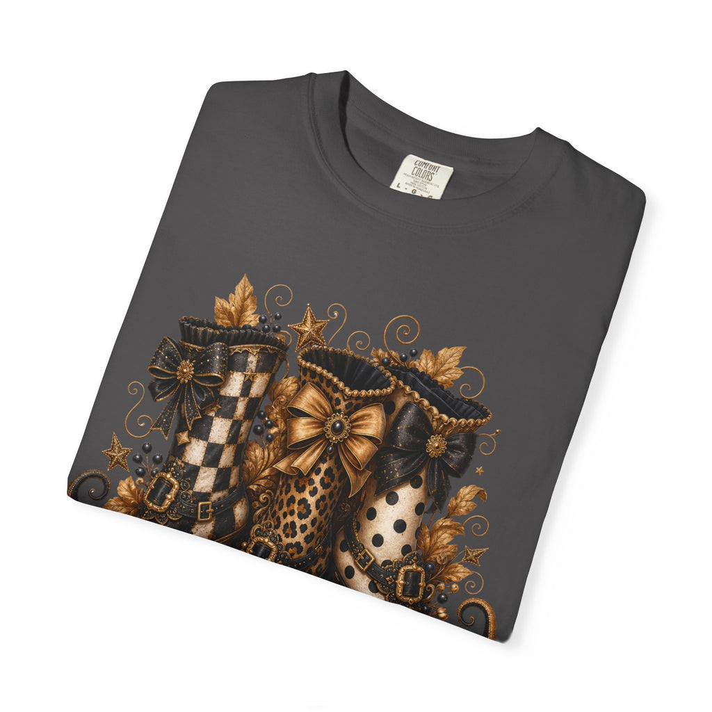 Halloween Cat Bow T-Shirt — Autumn Pumpkin & Checkered Witch Boots Graphic Tee