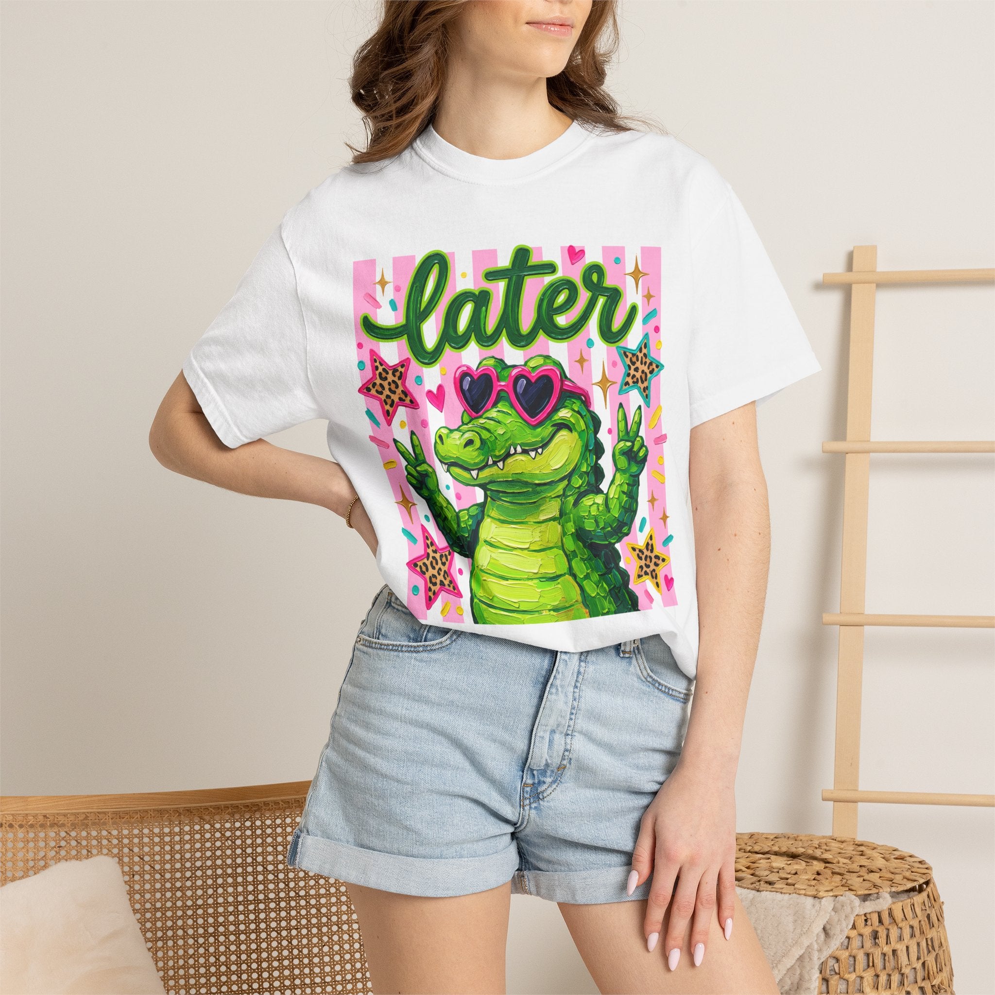 Funny Coquette Faux Brushstroke Stripped T-Shirt - Funny Alligator with Sunglasses Tee