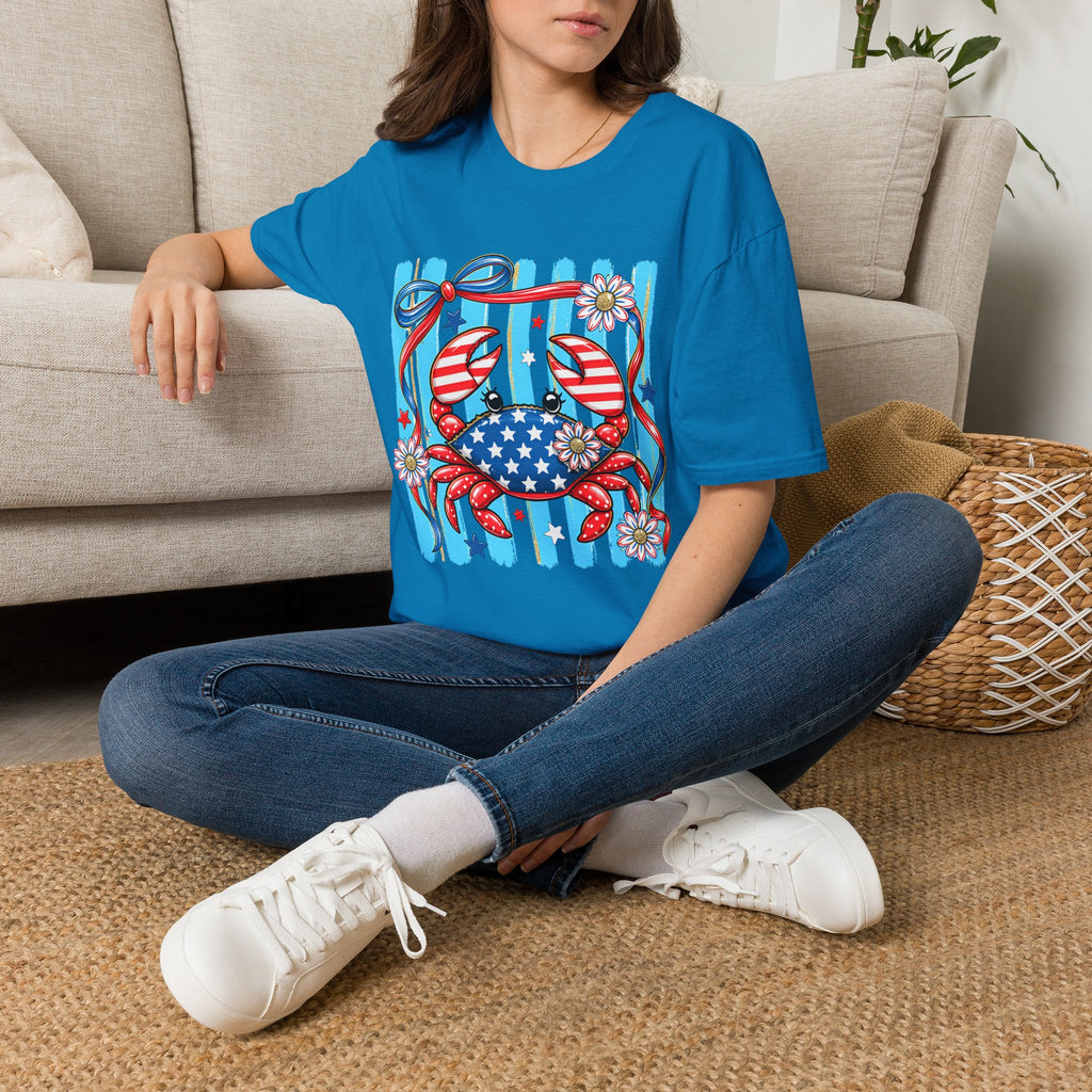 Patriotic Crab T-Shirt — American Flag Red White Blue Beach Tee Patriotic Crab T-Shirt — Preppy Cute and Funny Crab Tee. Midnight Eye, LLC.