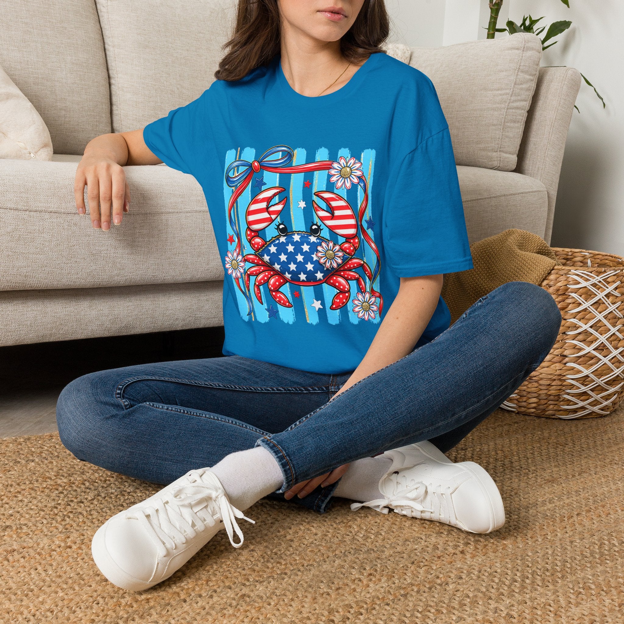 Patriotic Crab T-Shirt — American Flag Red White Blue Beach Tee Patriotic Crab T-Shirt — Preppy Cute and Funny Crab Tee. Midnight Eye, LLC.