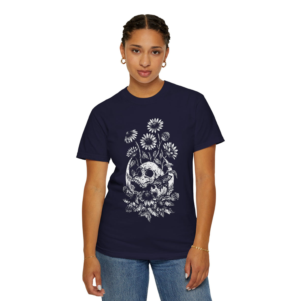Moon Skull & Daisies Graphic T-Shirt - Half Tone Alternative Tee. Midnight Eye, LLC