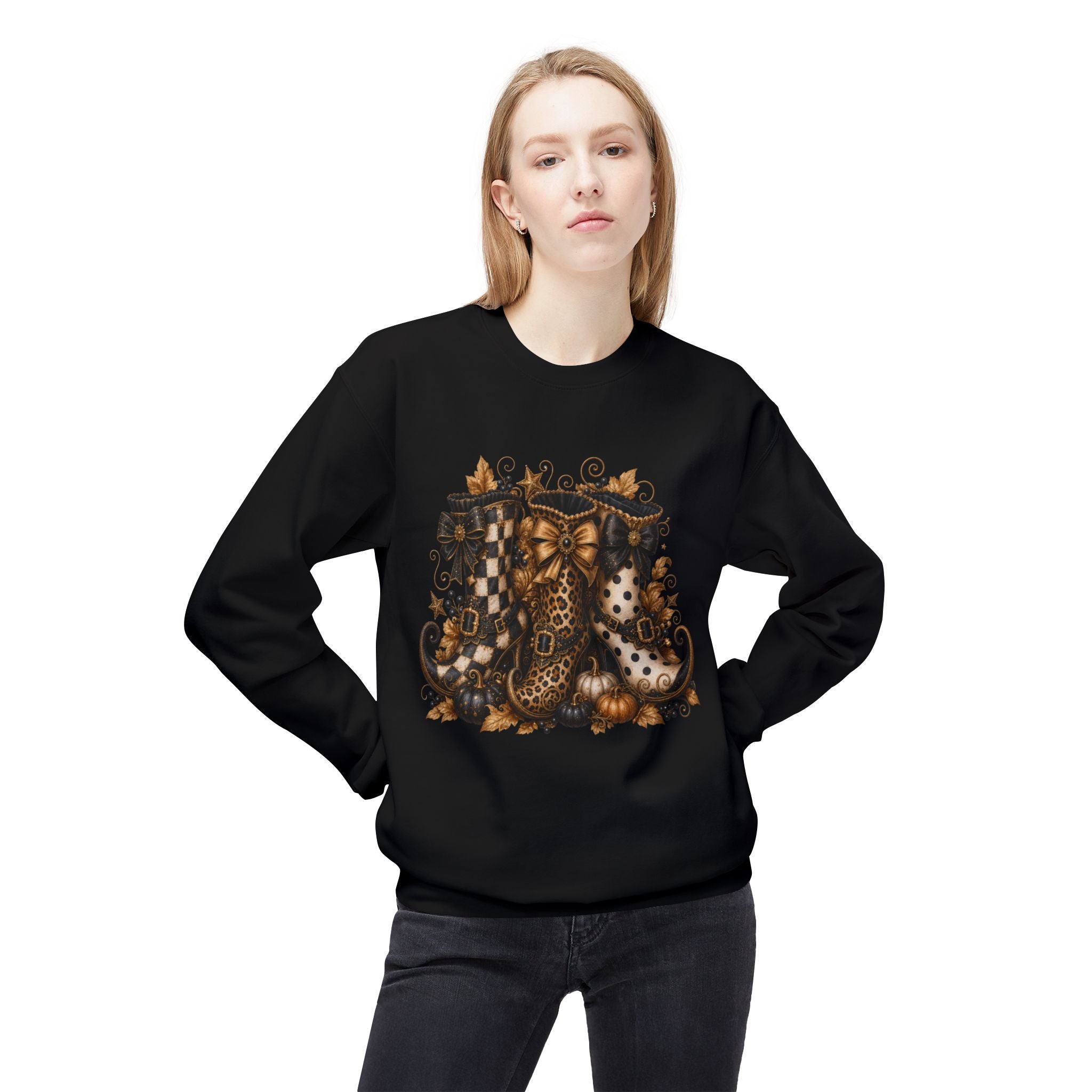 Halloween Boots Crewneck Sweatshirt — Autumn Witchy Vintage Goth Boot Trio Design