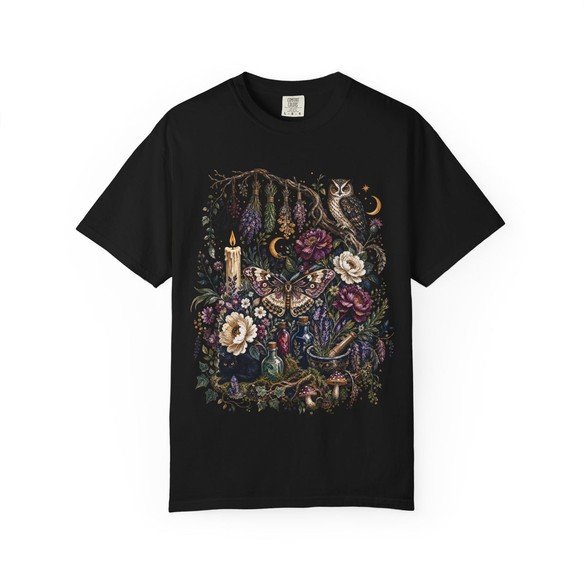 Mystical Forest Owl T-Shirt — Botanical Witchy Moonlight Art Tee, Midnight Eye, LLC