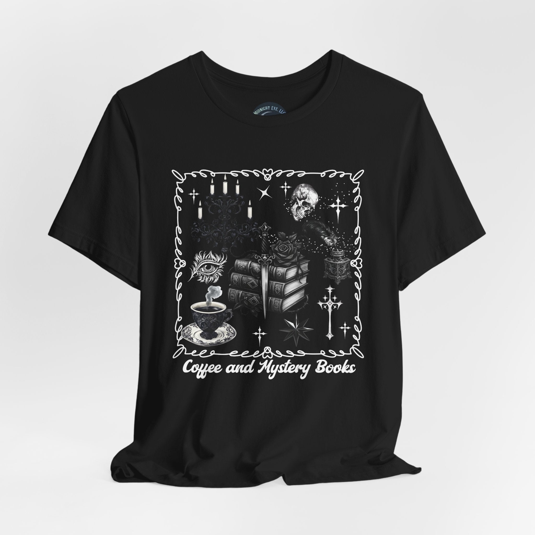 Reading, Coffee & Books T-Shirt — Cozy Gothic Booklover Tee. Midnight Eye, LLC.