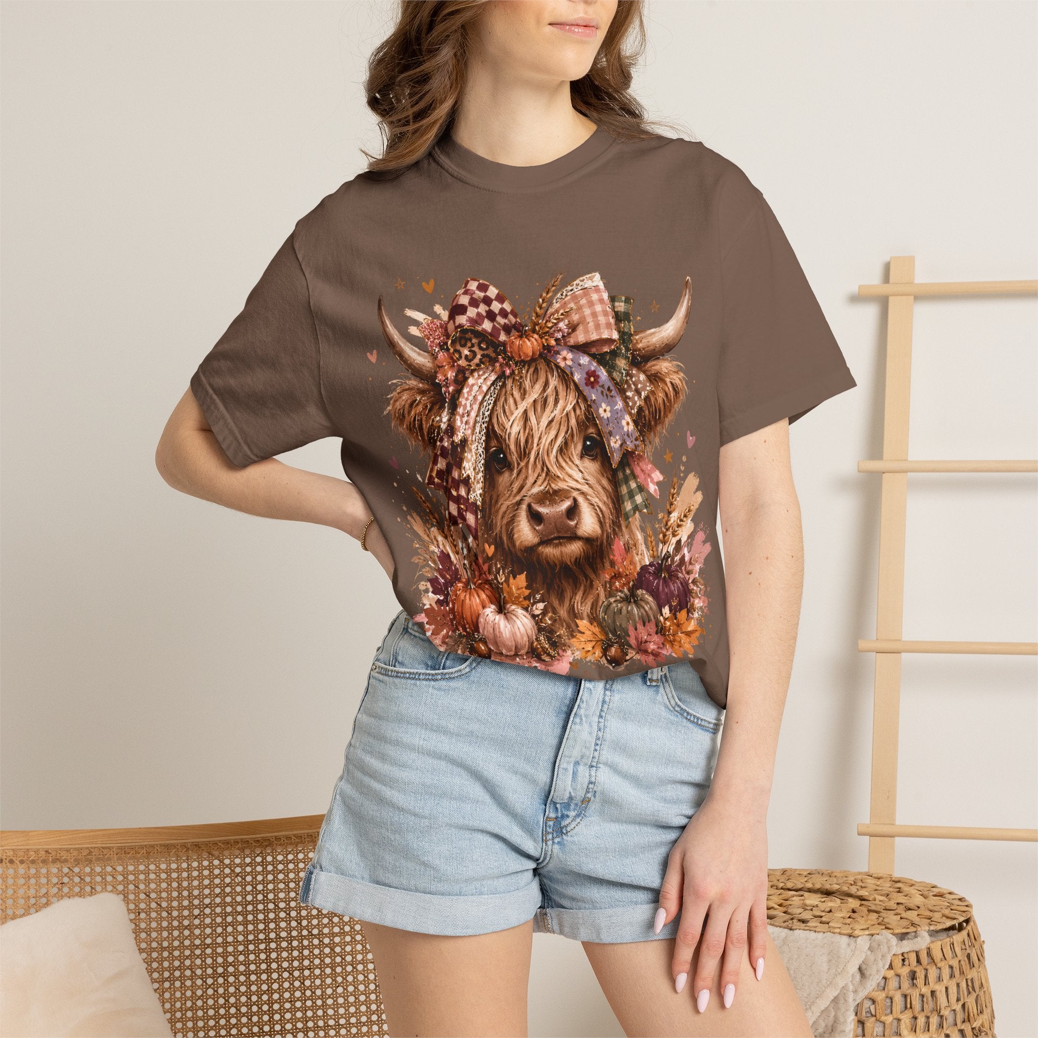 Autumn Highland Cow T-Shirt — Cute Fall Cow and Pumpkins Graphic Tee. Midnight Eye, LLC