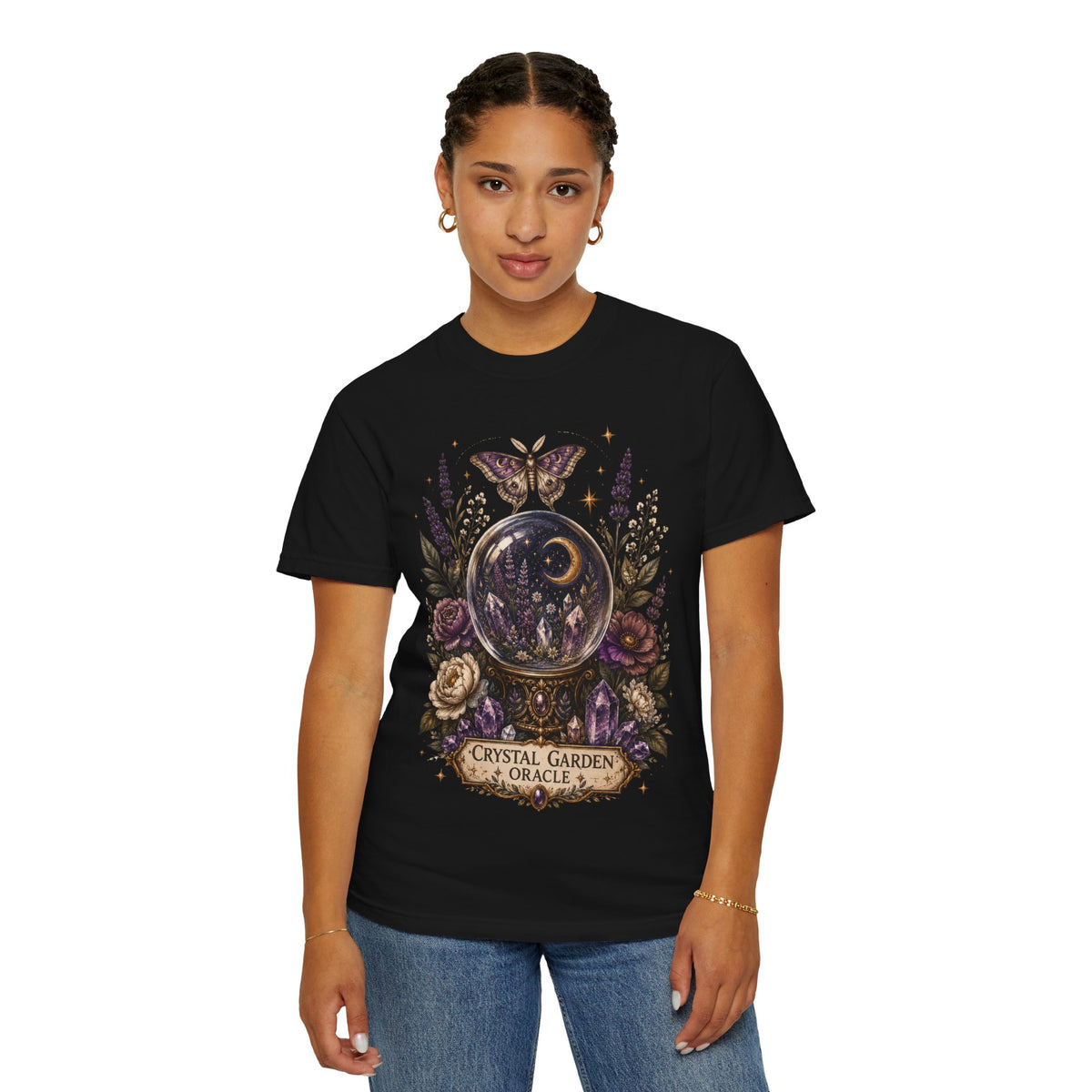 Crystal Garden Oracle T-Shirt — Mystical Moon & Crystal Ball Graphic Tee. Midnight Eye, LLC