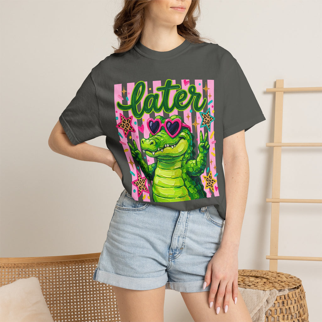 Funny Coquette Faux Brushstroke Stripped T-Shirt - Funny Alligator with Sunglasses Tee