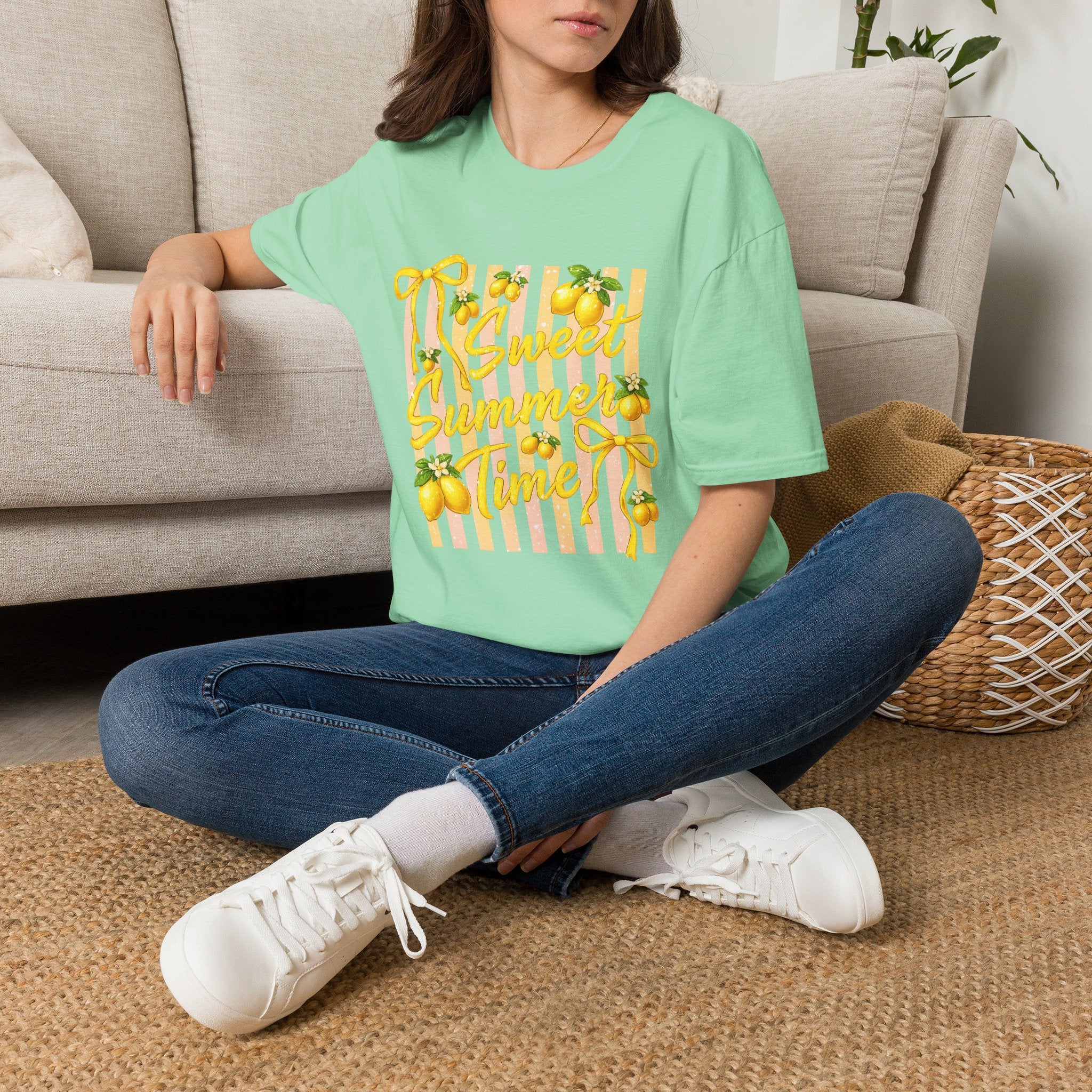 Sweet Summer Lemon Striped T-Shirt - Cute Bows Colorful Summer T-Shirt. Midnight Eye, LLC.