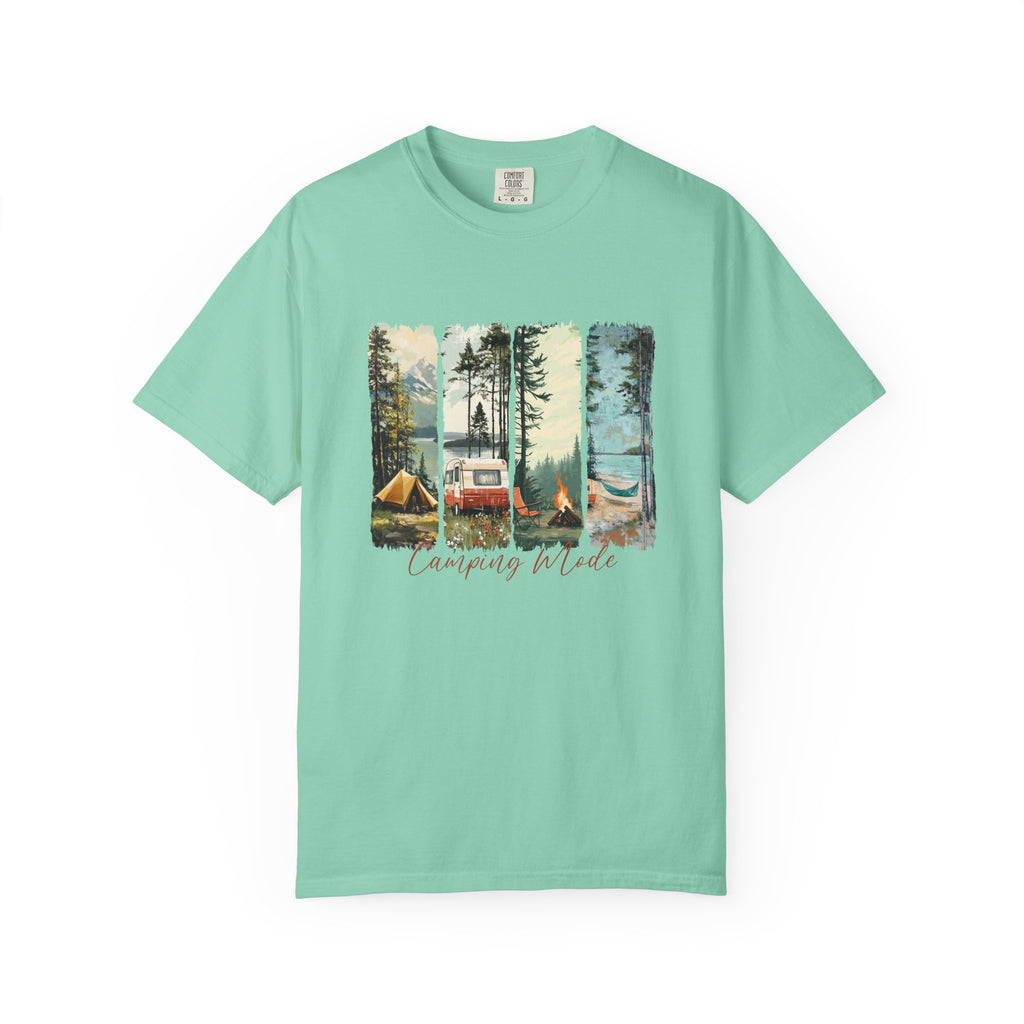 Camping Vibes T-Shirt — 'Camping Mode' Scenic Camper Retro Graphic Tee - Family Adventure Tee - Outdoor Tee - Midnight Eye, LLC