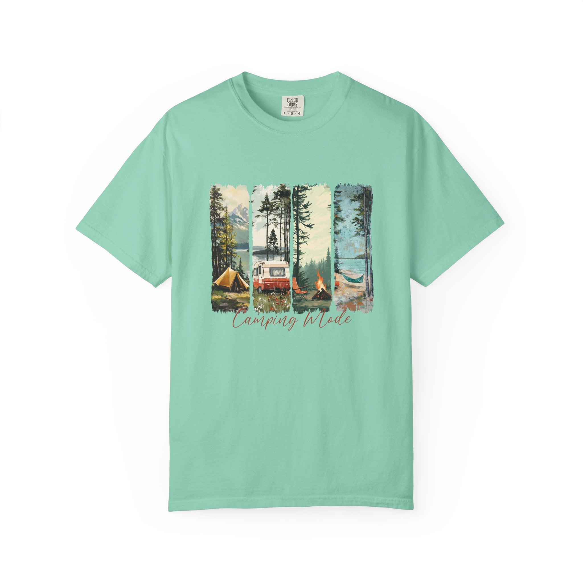Camping Vibes T-Shirt — 'Camping Mode' Scenic Camper Retro Graphic Tee - Family Adventure Tee - Outdoor Tee - Midnight Eye, LLC