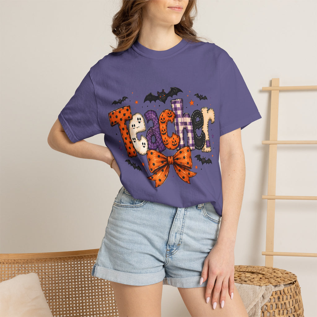 Teacher Halloween T-Shirt — Cute Spooky 'Teacher' Design with Bats & Bow