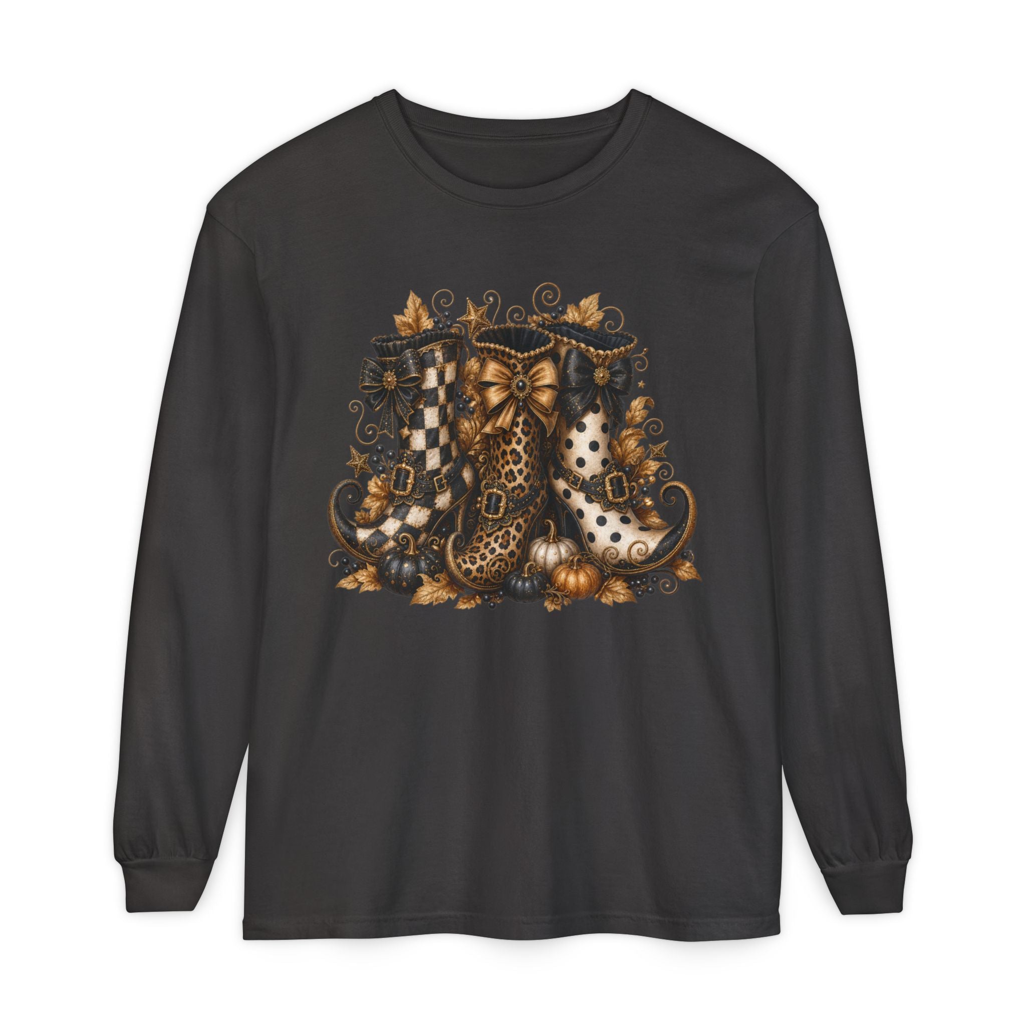 Halloween Witch Boots Long Sleeve T-Shirt — Vintage Spooky Pumpkin & Bows. Midnight Eye, LLC