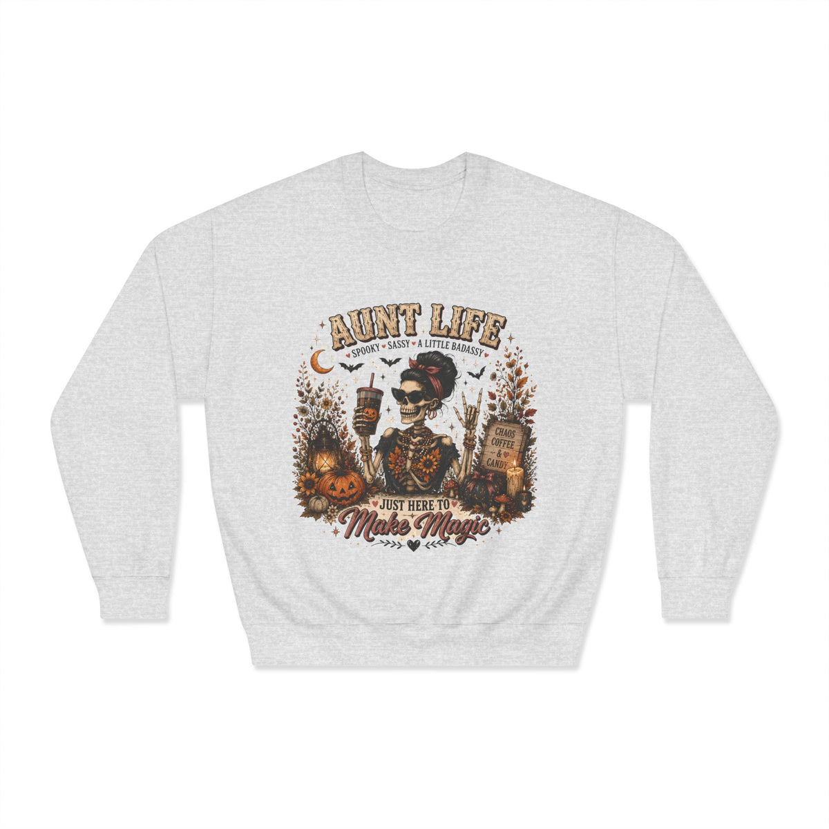 Aunt Life Halloween Sweatshirt — Just Here to Make Magic Crewneck. Midnight Eye, LLC