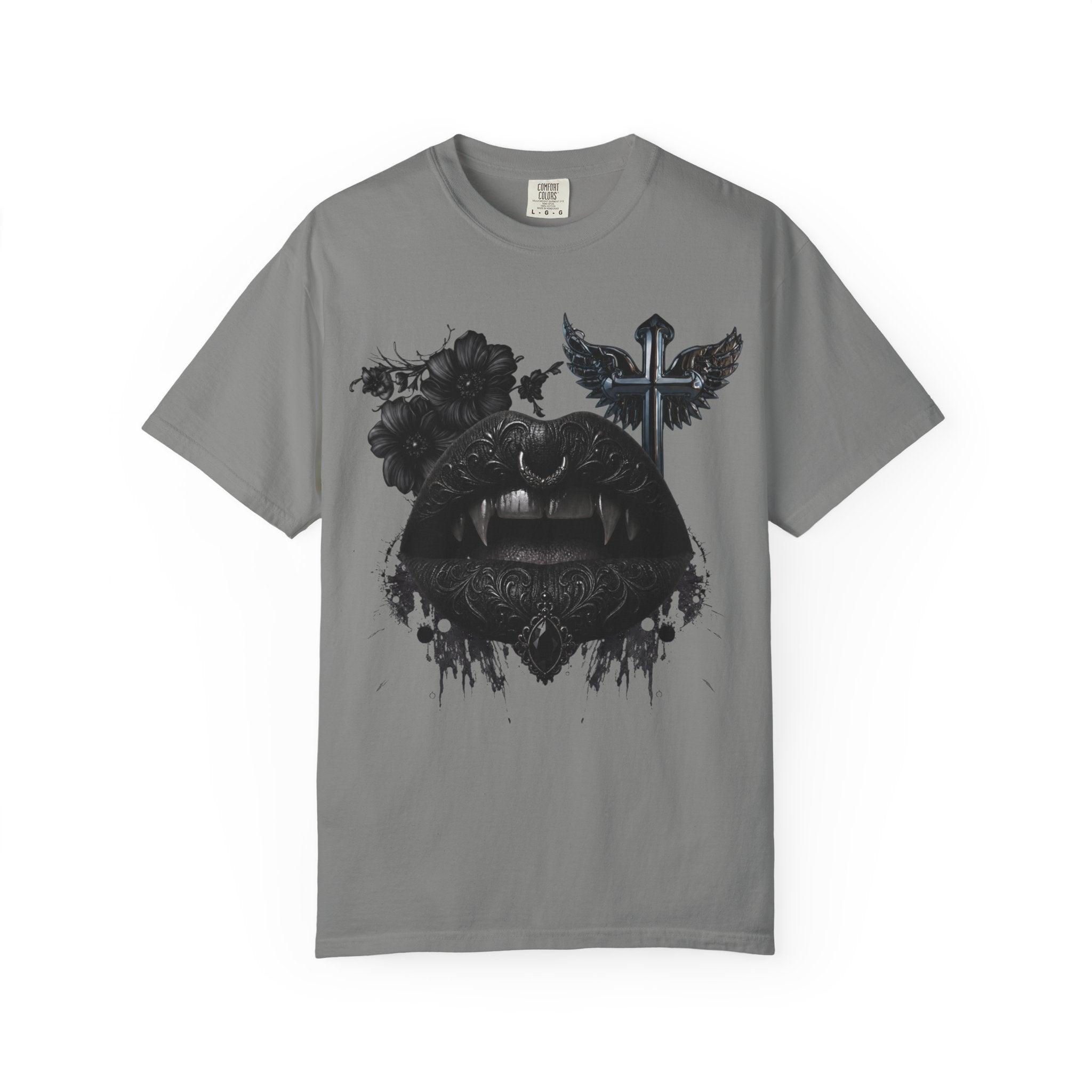 Vampire Black Lips Graphic T-Shirt - Gothic Black Lips and Fangs tee - Dark Aesthetic Tee. midnight Eye, LLC
