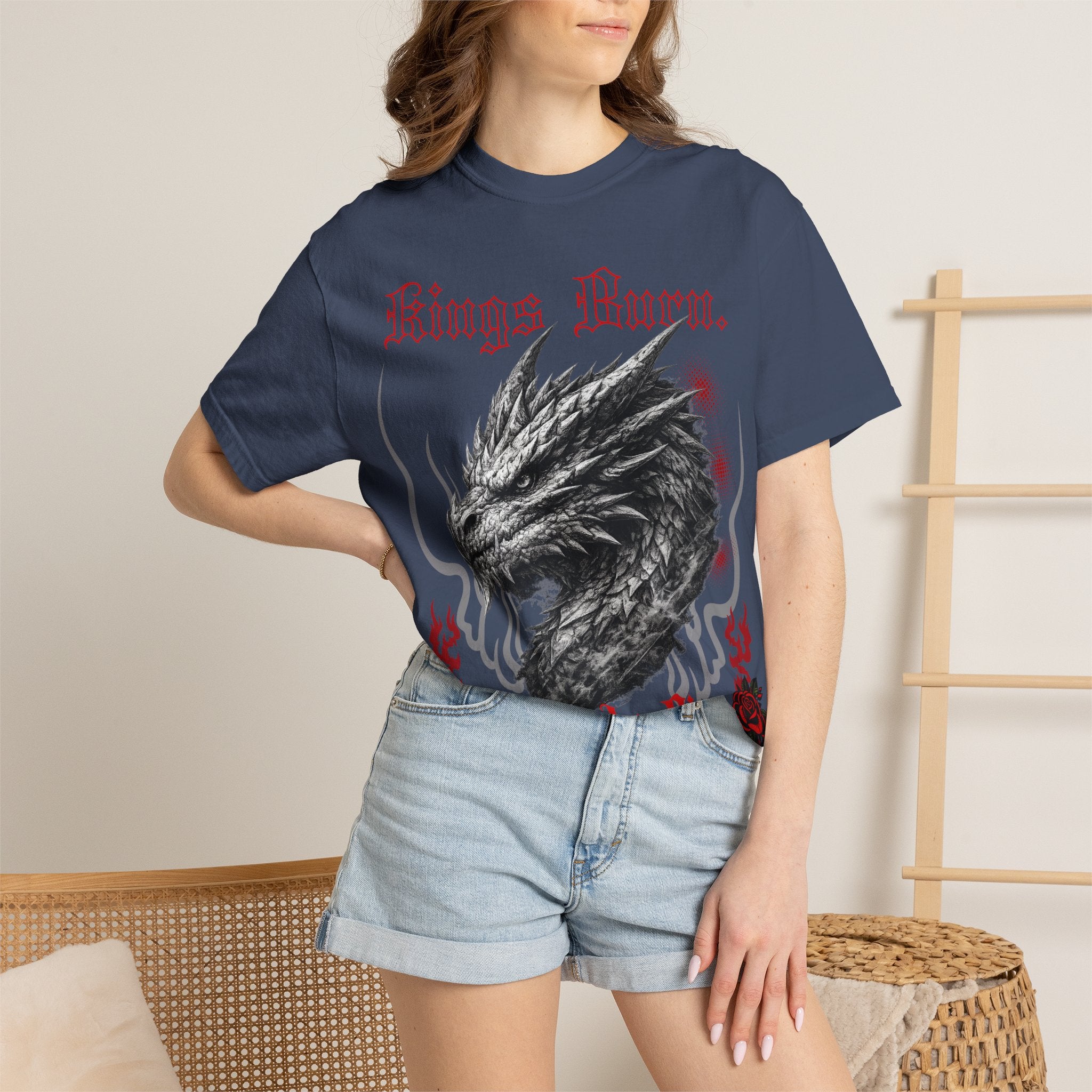 Dragon Head T-Shirt — "Kings Burn. Legends Rise." Red Rose Tattoo Graphic T-Shirt. Midnight Eye, LLC.