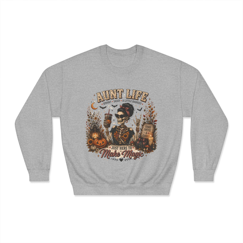 Aunt Life Halloween Sweatshirt — Just Here to Make Magic Crewneck. Midnight Eye, LLC