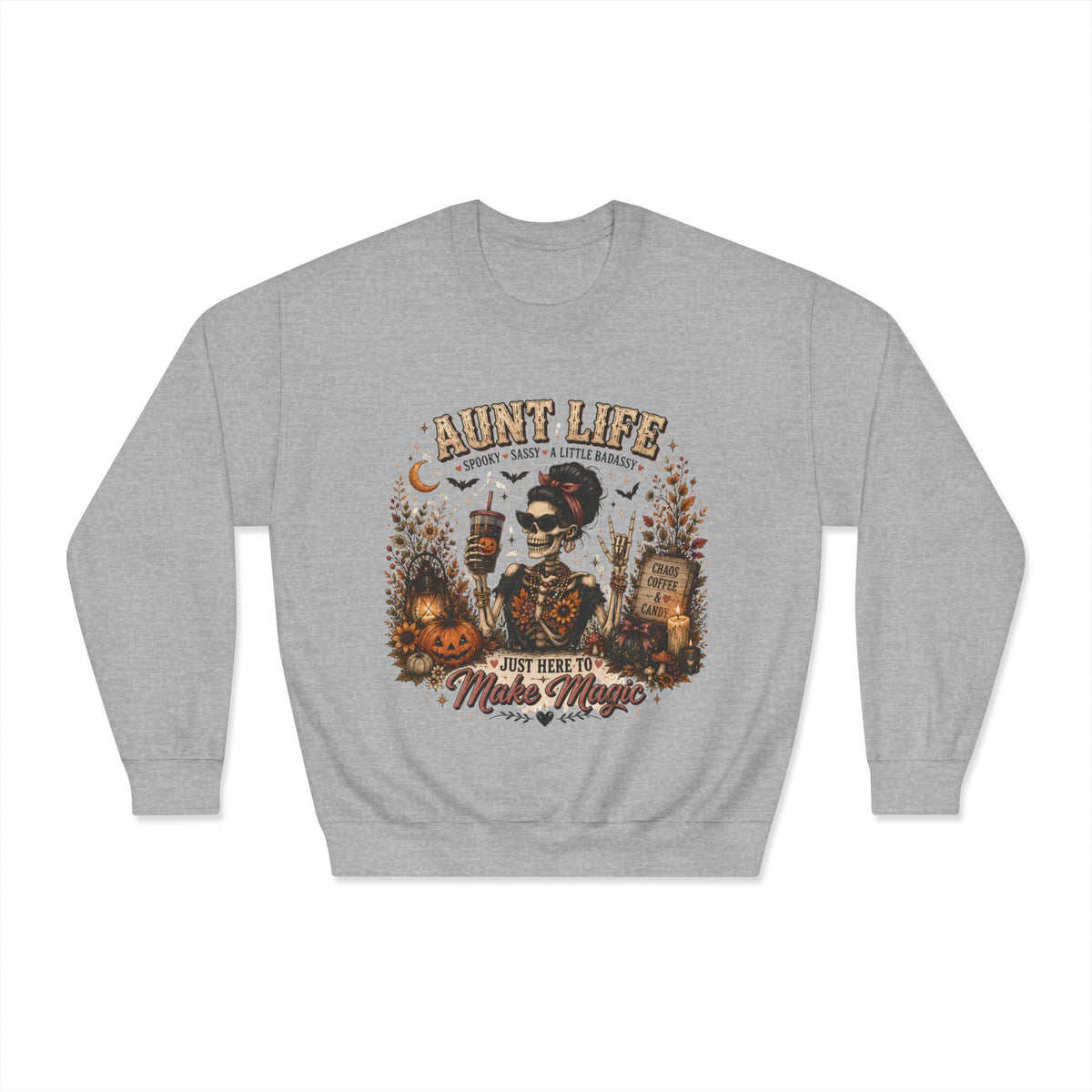 Aunt Life Halloween Sweatshirt — Just Here to Make Magic Crewneck. Midnight Eye, LLC