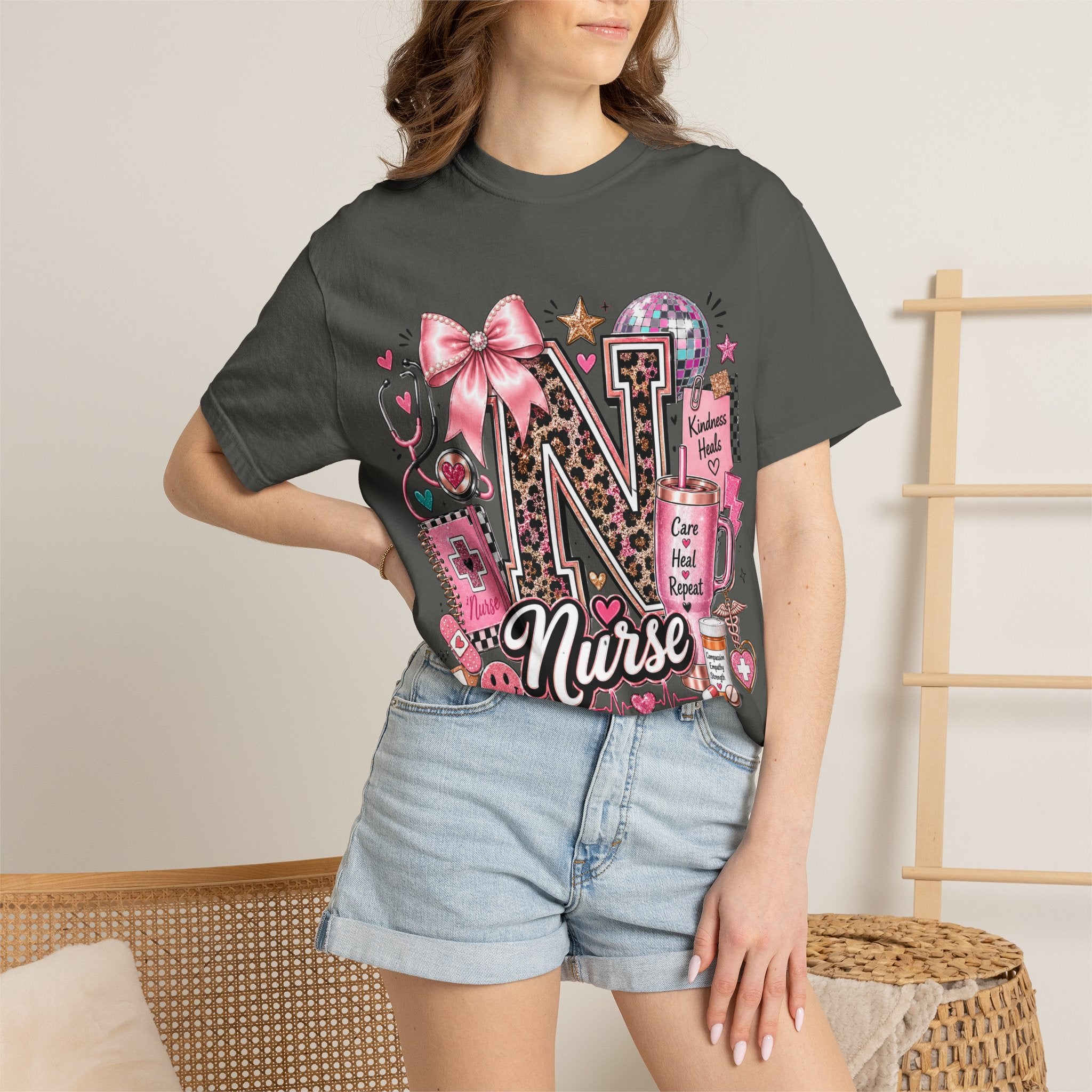 Nurse Initial 'N' Graphic T-Shirt — Pink Medical Icons Design