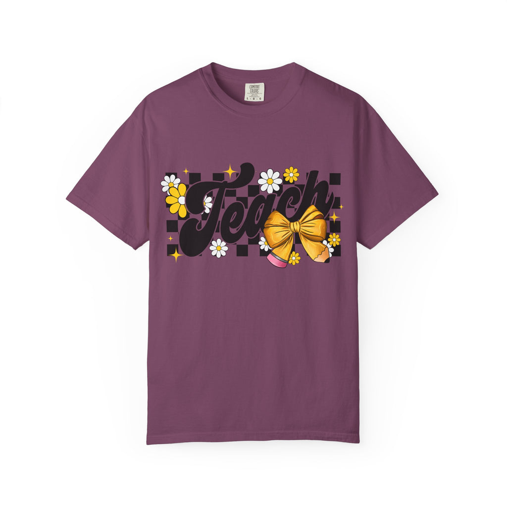 Teacher Floral Bow T-Shirt — 'Teach' Checkerboard Design