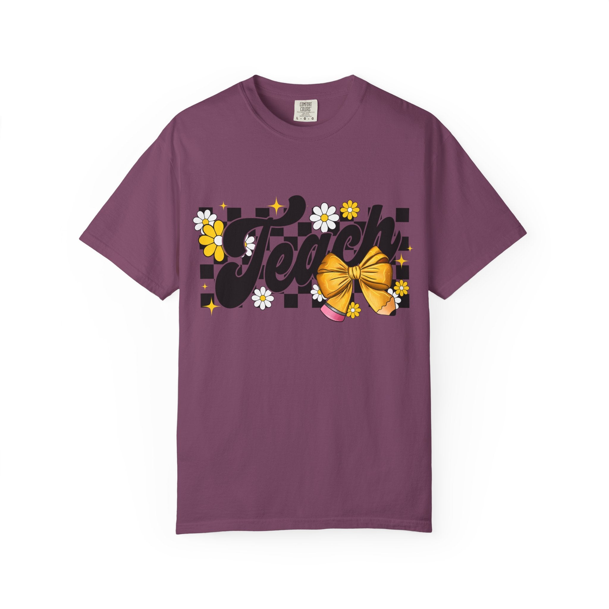 Teacher Floral Bow T-Shirt — 'Teach' Checkerboard Design