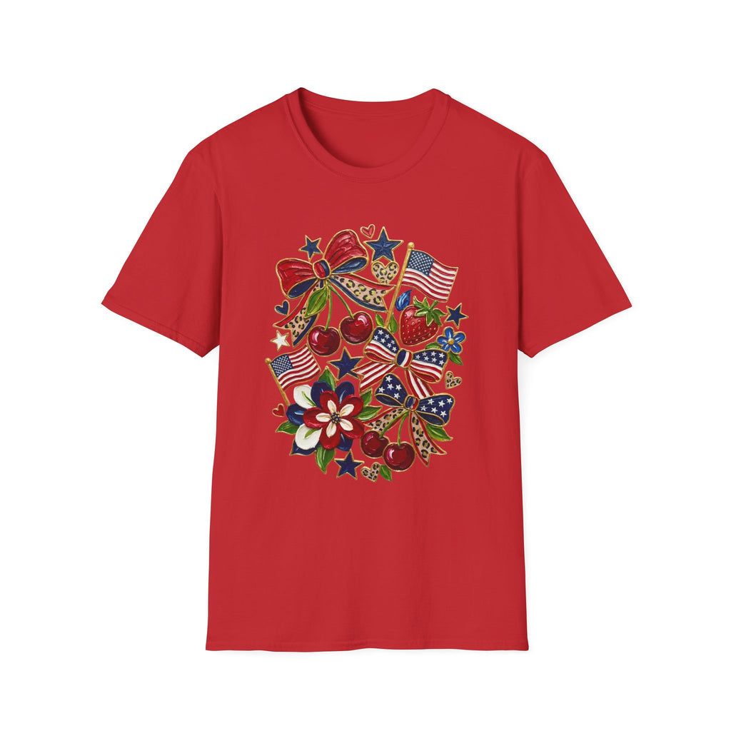 Patriotic Floral Americana T-Shirt - Faux Acrylic Paint Design - 4th of July T-Shirt - Midnight Eye, LLC