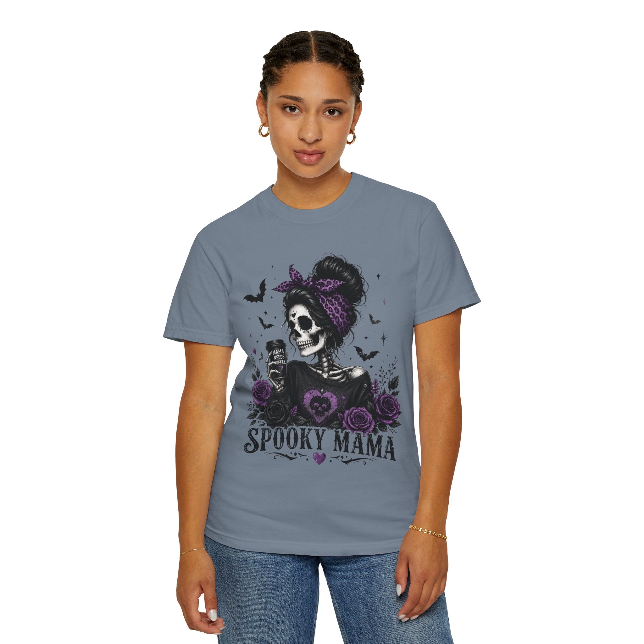 Spooky Mama T-Shirt — Gothic Skull  and Bats Mom Tee with Purple Roses. Midnight Eye, LLC. 