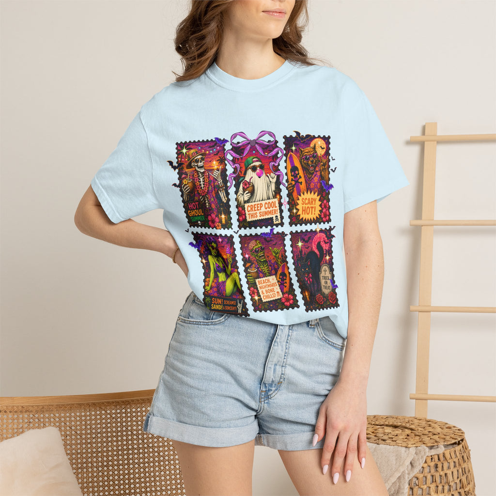Halloween Witch Postage Stamp T-Shirt — Vintage Spooky Pin-Up Graphic Tee. Midnight Eye, LLC. 