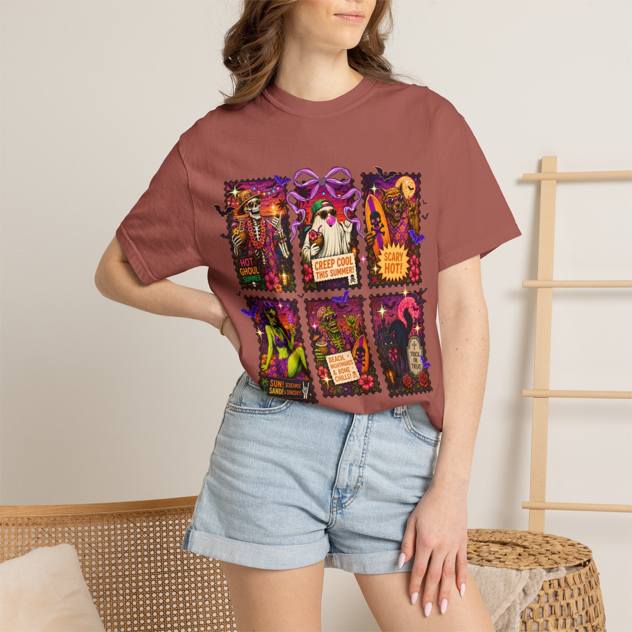 Halloween Witch Postage Stamp T-Shirt — Vintage Spooky Pin-Up Graphic Tee. Midnight Eye, LLC. 