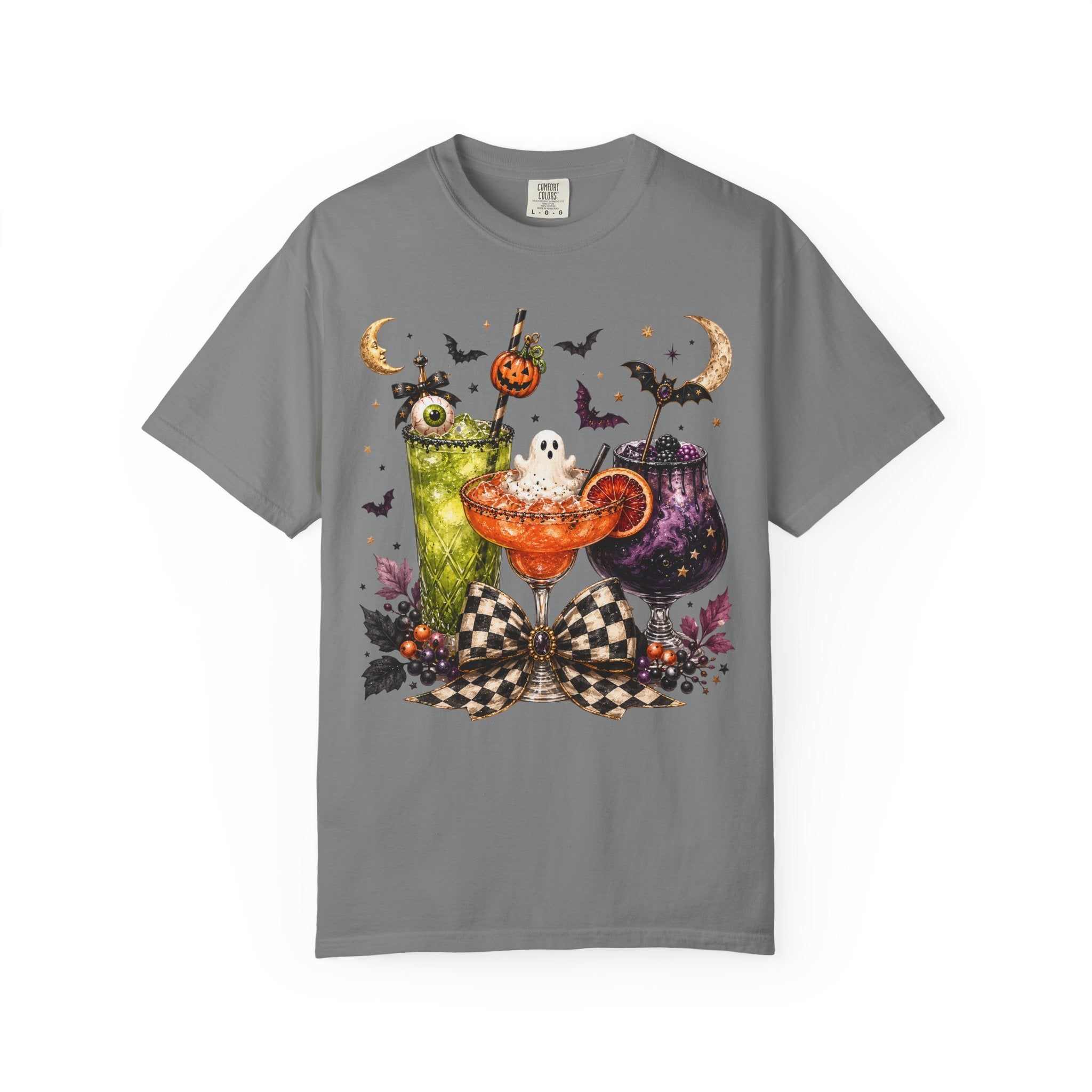 Halloween Cocktail T-Shirt — Spooky Drinks, Cute Bats & Pumpkins. Midnight Eye, LLC