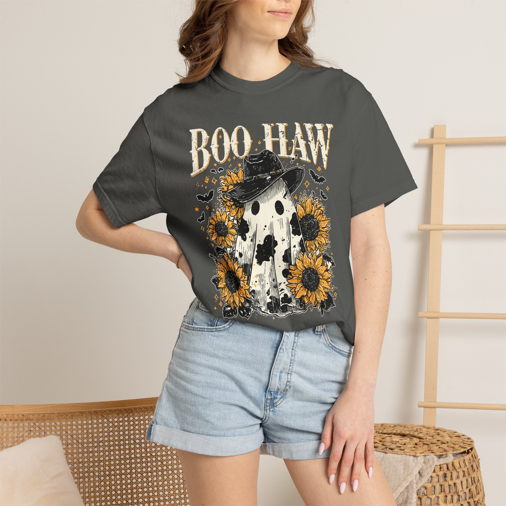 Boo Haw Ghost Tee — Sunflower Halloween T-Shirt - Spooky Western Tee. Midnight Eye LLC.