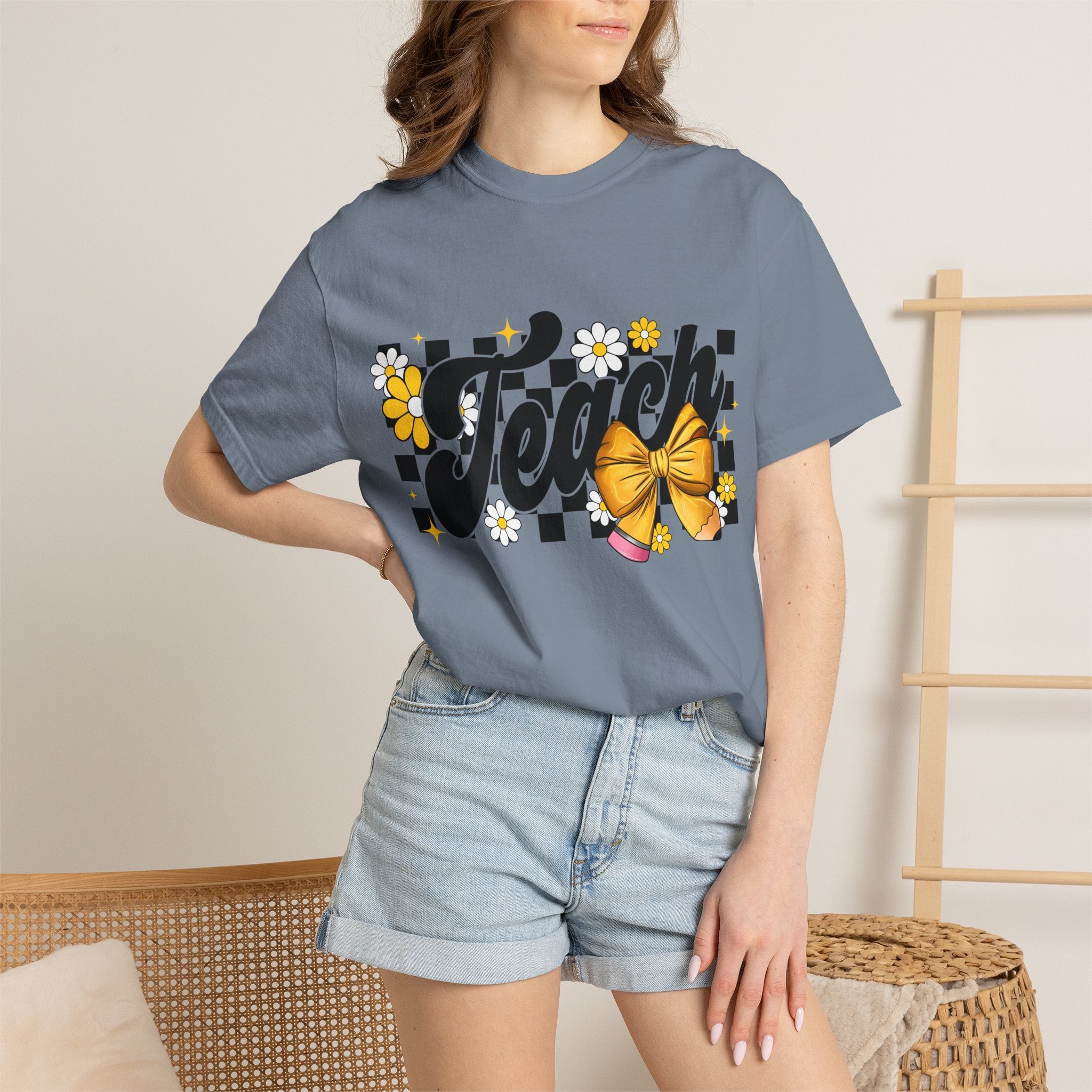 Teacher Floral Bow T-Shirt — 'Teach' Checkerboard Design