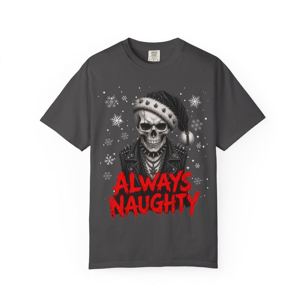 Skull with Santa Hat “Always Naughty” T-Shirt - Alternative & Gothic Christmas Tee