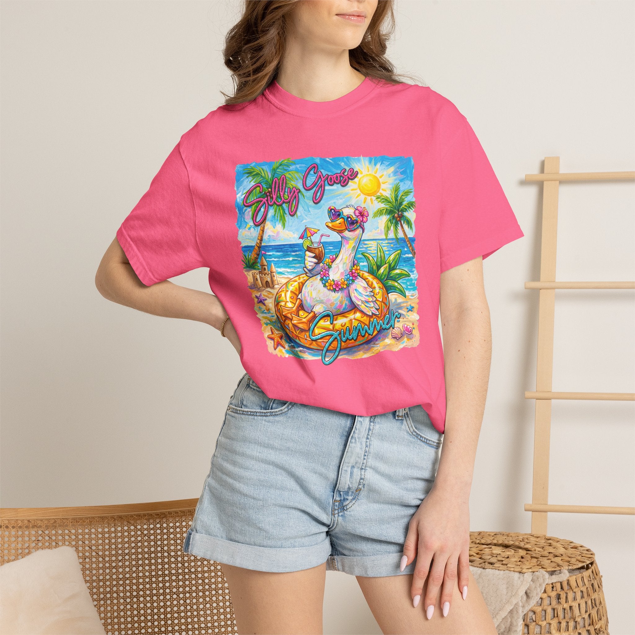 Silly Goose Summer T-Shirt - Colorful Summer Girl Tee - Beach Tee - Tropical T-Shirt - Midnight Eye, LLC