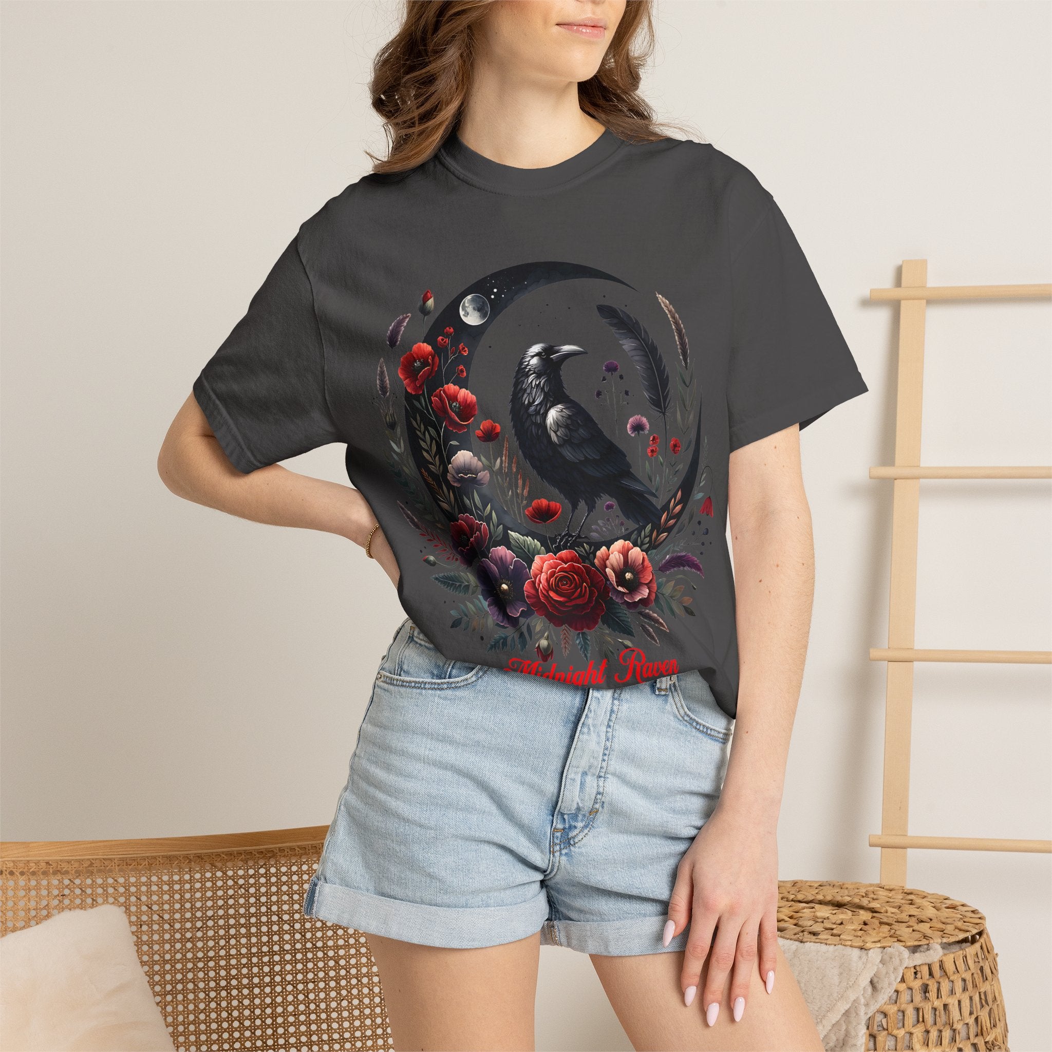 Moon Raven Floral T-Shirt — "Midnight Bloom" Graphic Tee - Mystical Moon Tee - Dark Aesthetic T-Shirt. Midnight Eye, LLC