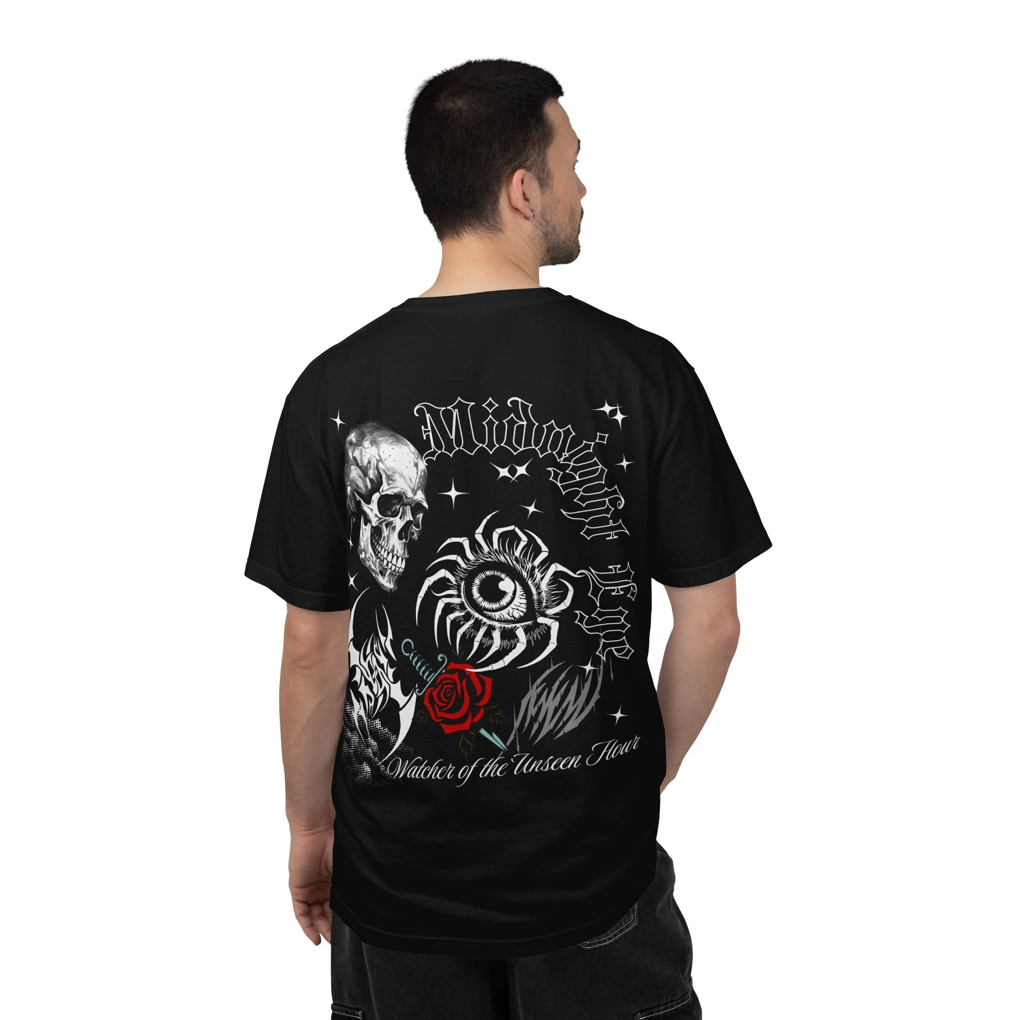 Skull & Red Rose Graphic T-Shirt — Midnight Rose Back Print - Eye T-Shirt - Mystical Tee - Dark Aesthetic Tee - Midnight Eye, LLC