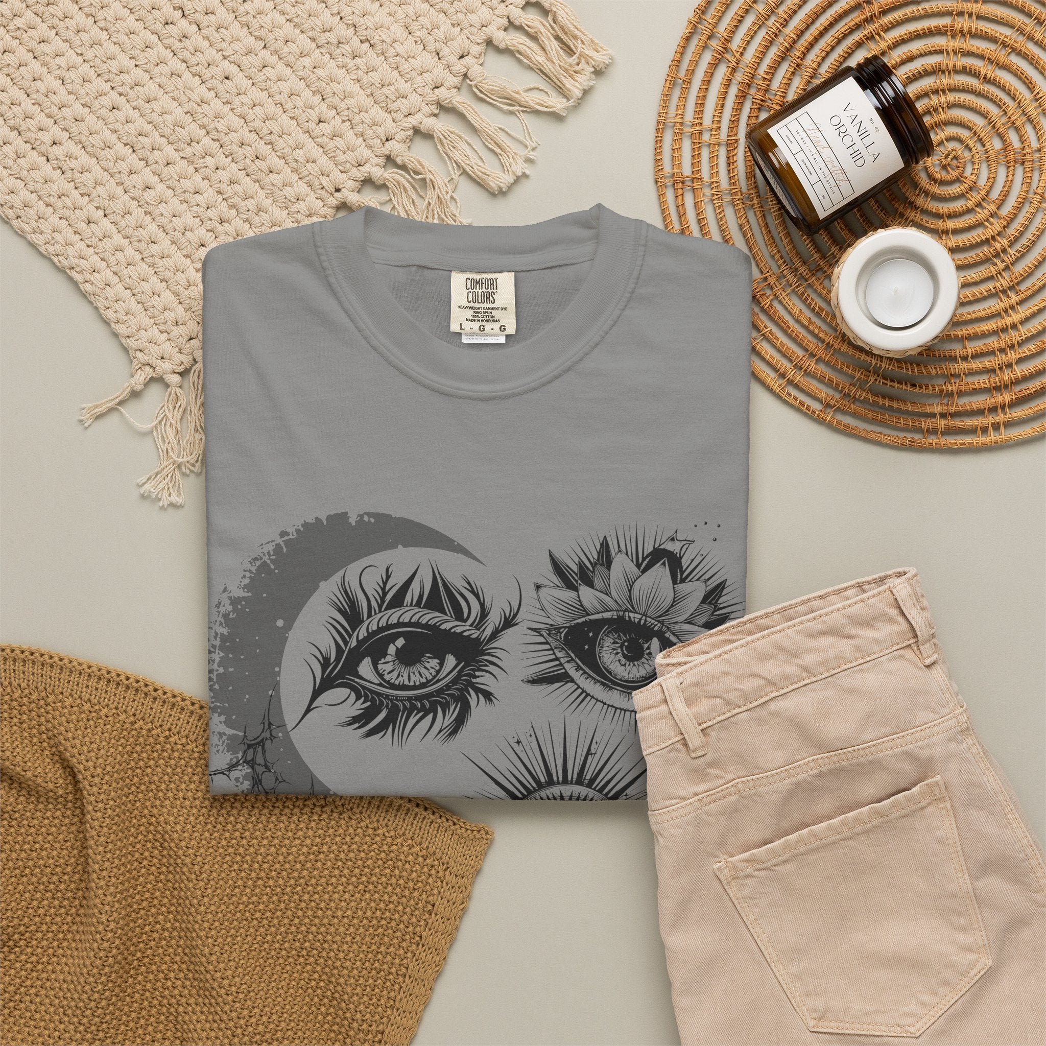 Midnight Eyes Graphic T-Shirt — Moon, Sun & Mystic Eye Illustration