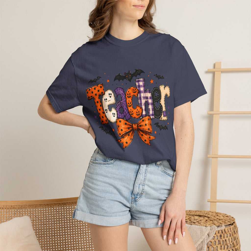 Teacher Halloween T-Shirt — Cute Spooky 'Teacher' Design with Bats & Bow