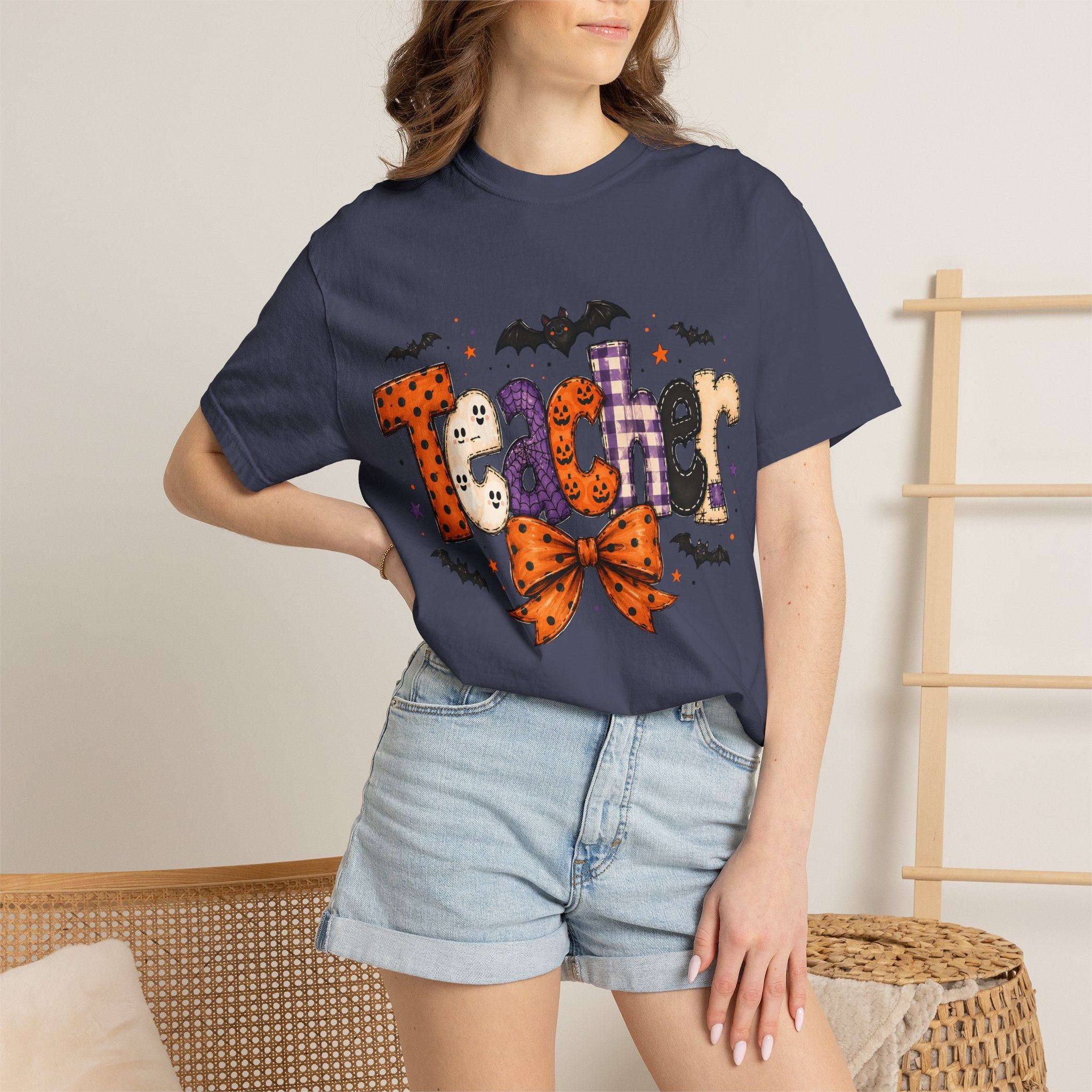 Teacher Halloween T-Shirt — Cute Spooky 'Teacher' Design with Bats & Bow