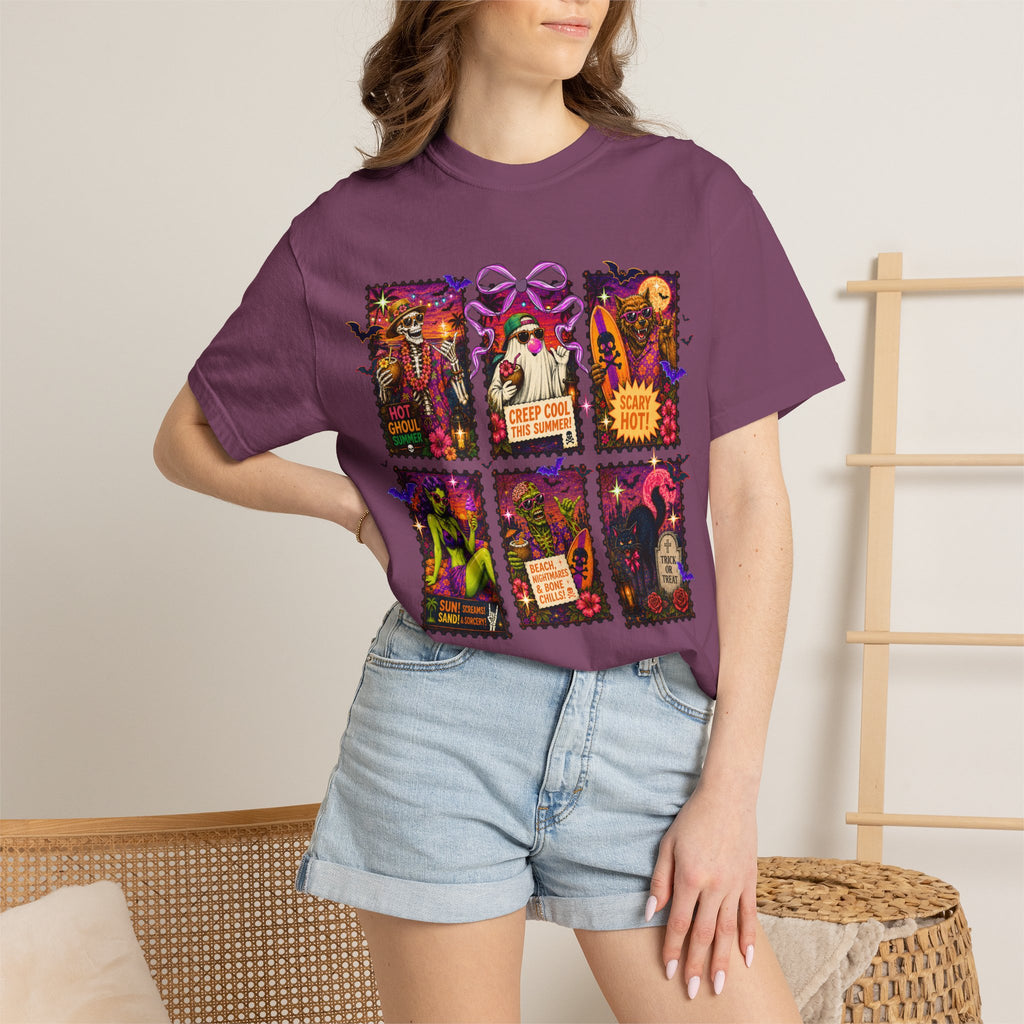 Halloween Horror Stamps T-Shirt — Vintage Spooky Postage Collage. Midnight Eye, LLC.