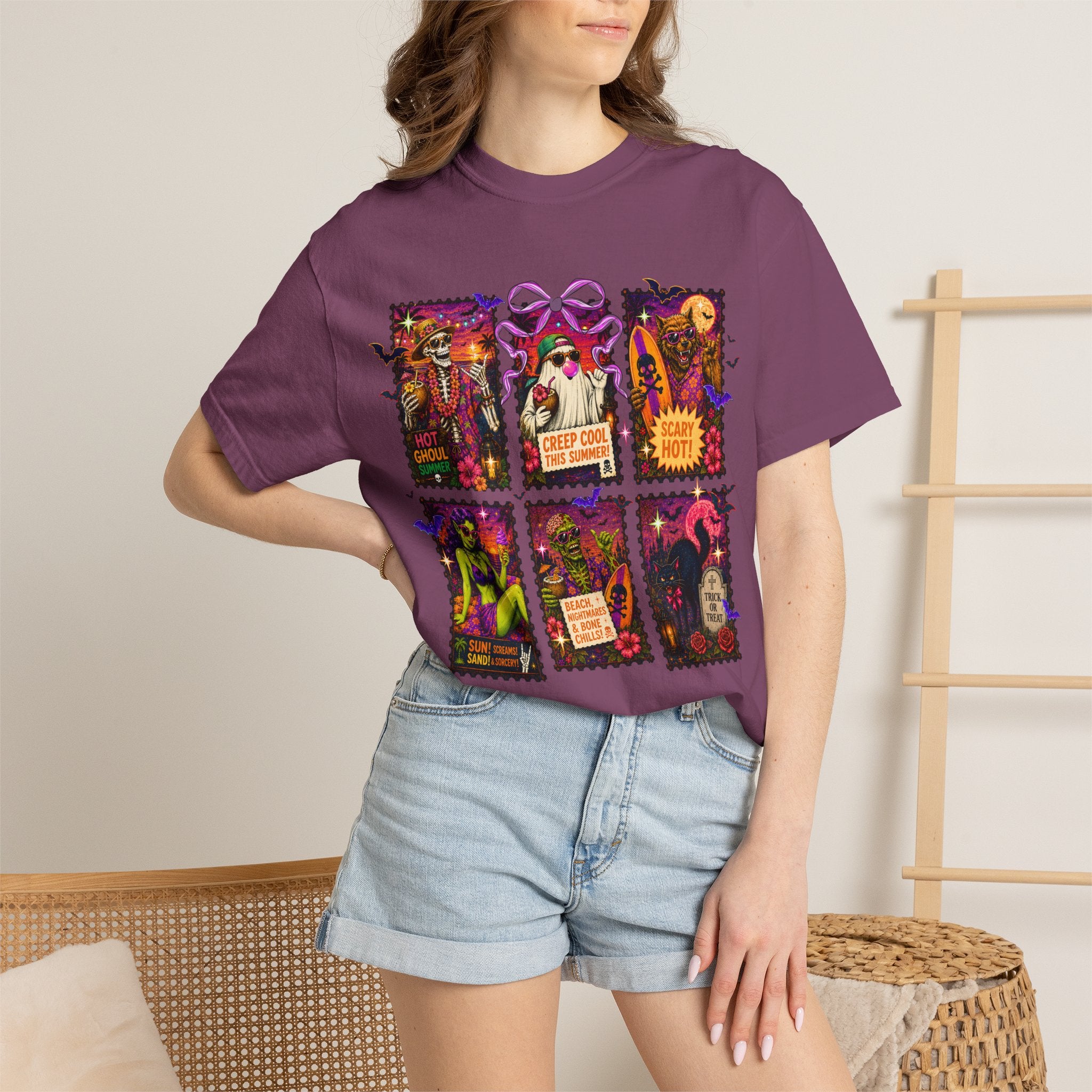 Halloween Horror Stamps T-Shirt — Vintage Spooky Postage Collage. Midnight Eye, LLC.