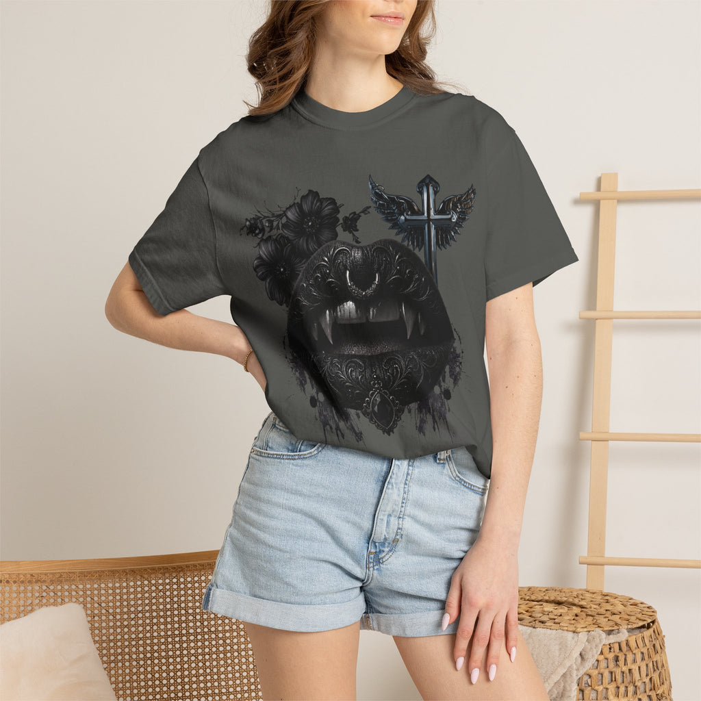 Vampire Black Lips Graphic T-Shirt - Gothic Black Lips and Fangs tee - Dark Aesthetic Tee. midnight Eye, LLC