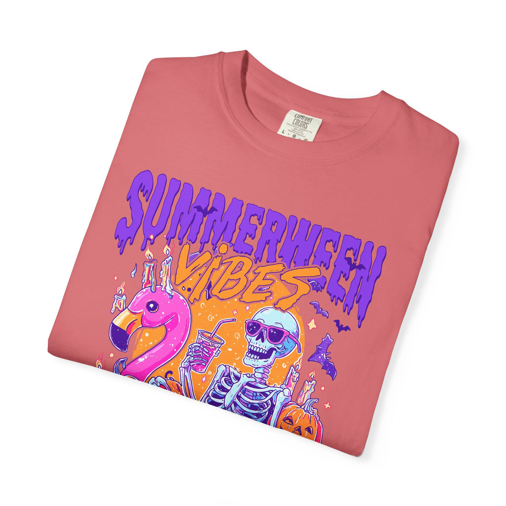 Summerween Vibes T-Shirt — Flamingo Pool Skeleton Halloween in Summer Tee - Midnight Eye, LLC