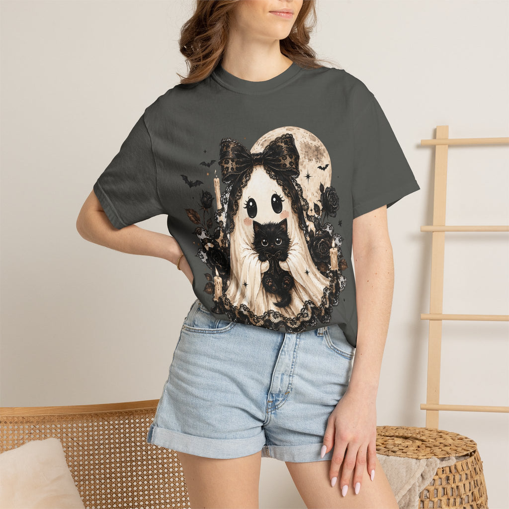 Halloween Gothic Girl Ghost with Black Cat T-Shirt - Whimsy Goth Halloween Tee