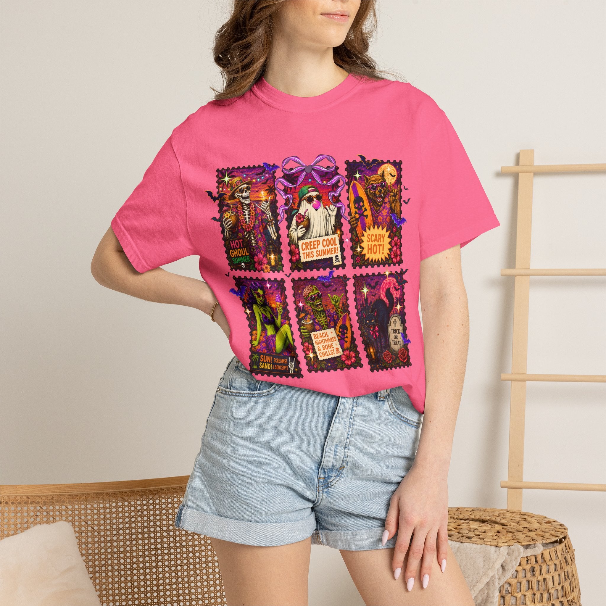 Halloween Horror Stamps T-Shirt — Vintage Spooky Postage Collage. Midnight Eye, LLC.