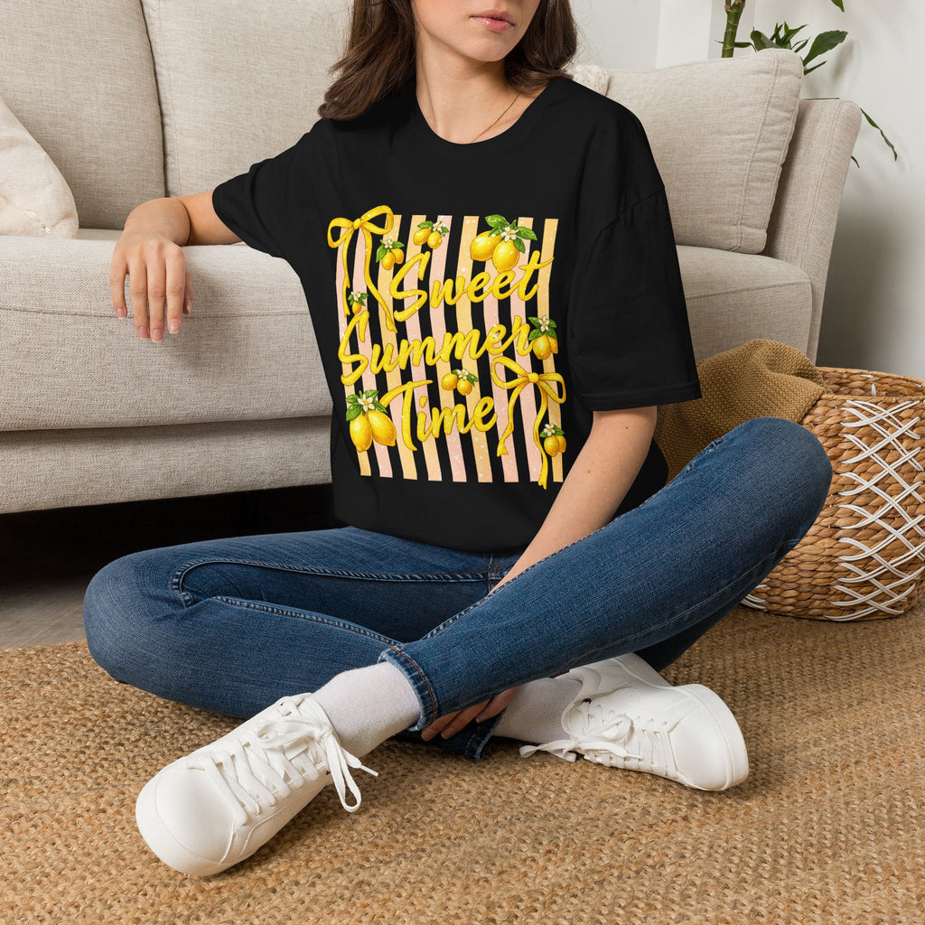 Sweet Summer Lemon Striped T-Shirt - Cute Bows Colorful Summer T-Shirt. Midnight Eye, LLC